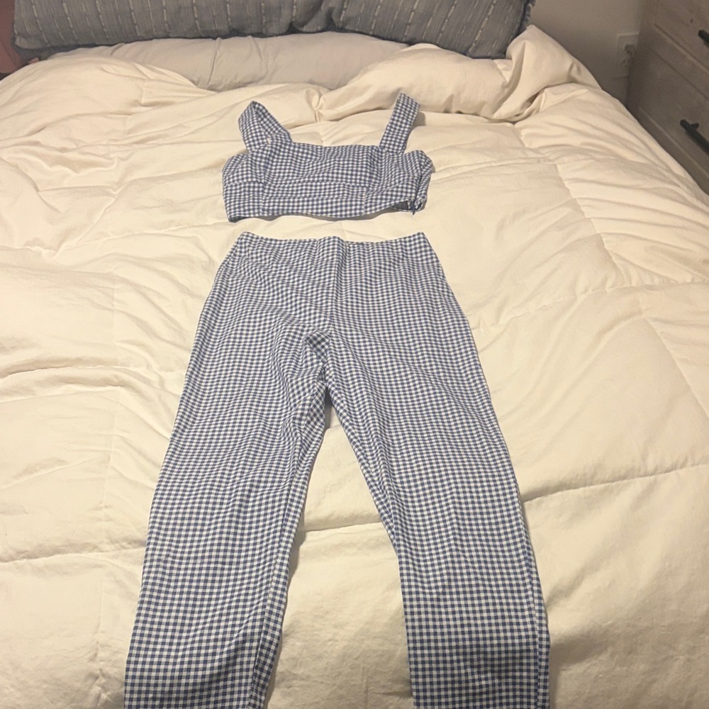 Lulu's Blue Gingham High-Waist Pants & Crop Top Set